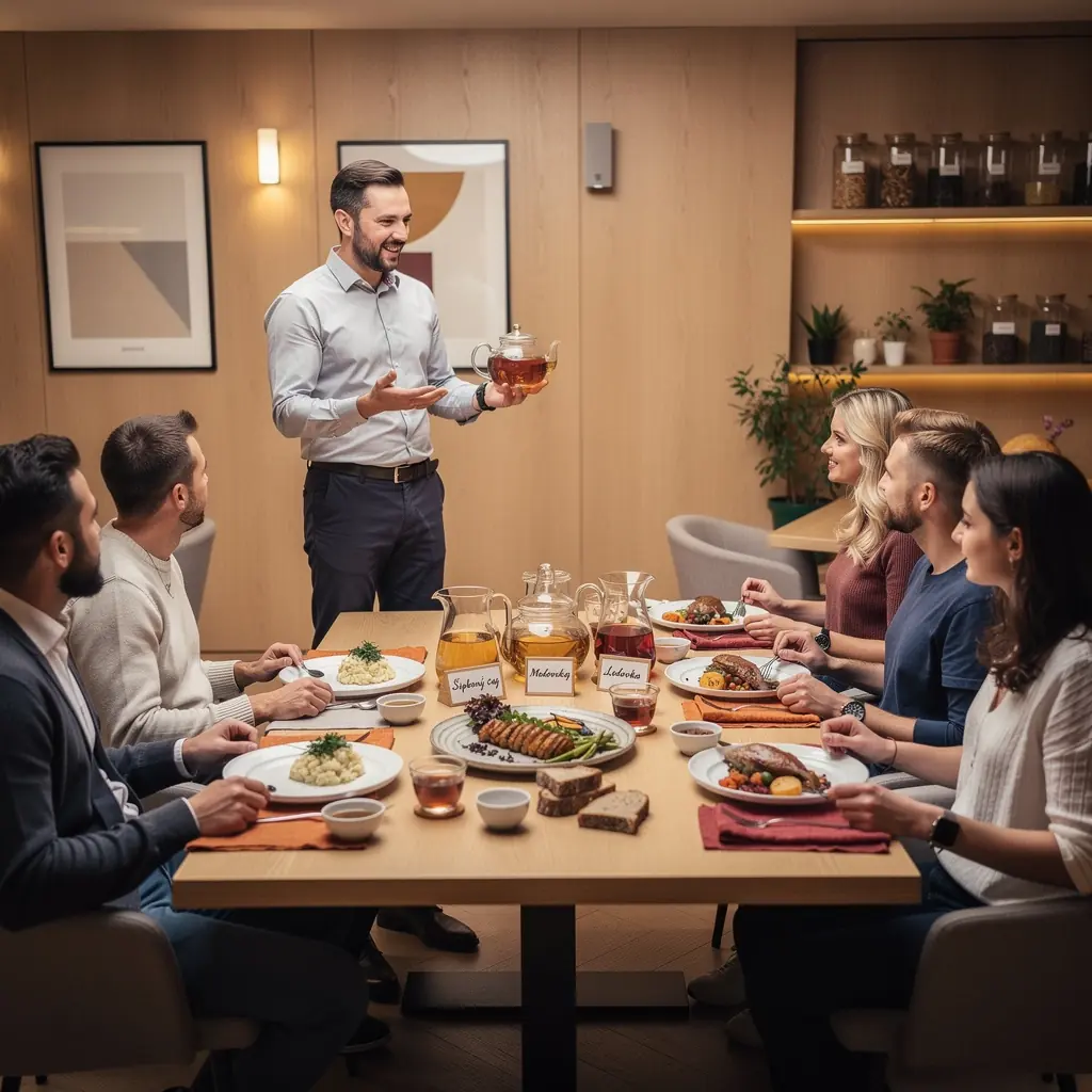 Spoločnosť priateľov vychutnávajúcich si čaj na terase v prírode